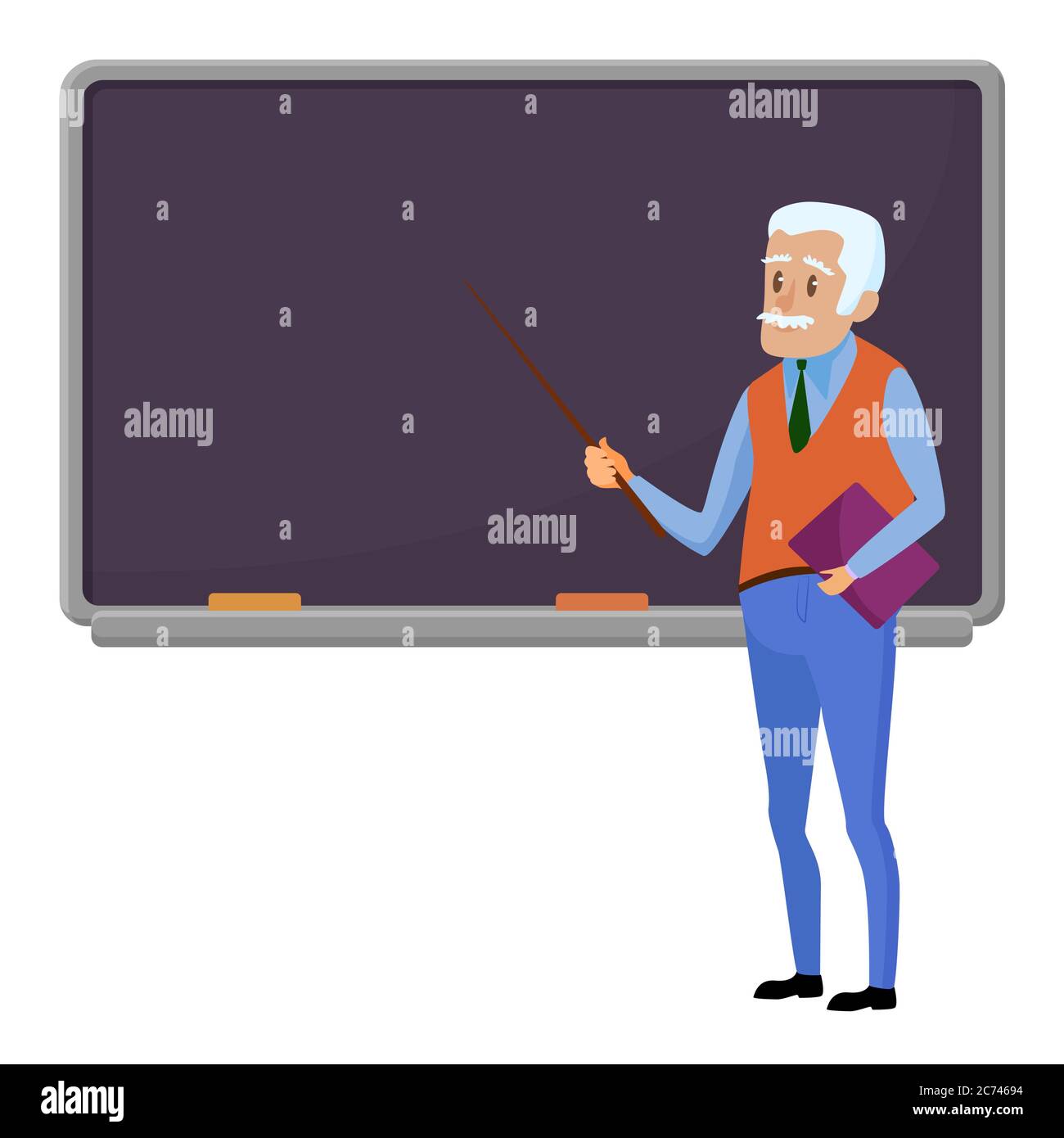 Senior teacher professor standing near blackboard in classroom at school, college or university. Flat design cartoon male character Stock Vector