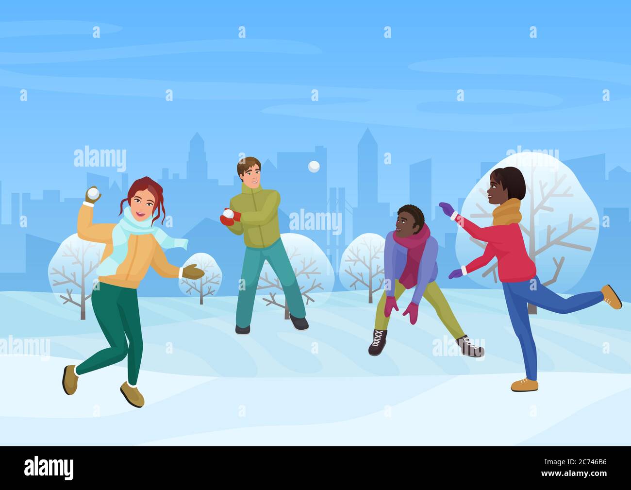 The group of friends playing the snowballs outside vector illustration Stock Vector