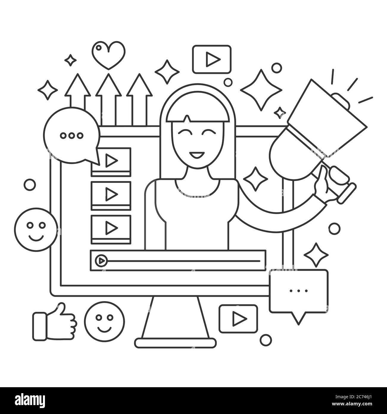 Video blogger thin line web concept. Computer screen with female woman blogger. Personal blogging channel broadcasting outline stroke vector illustration Stock Vector