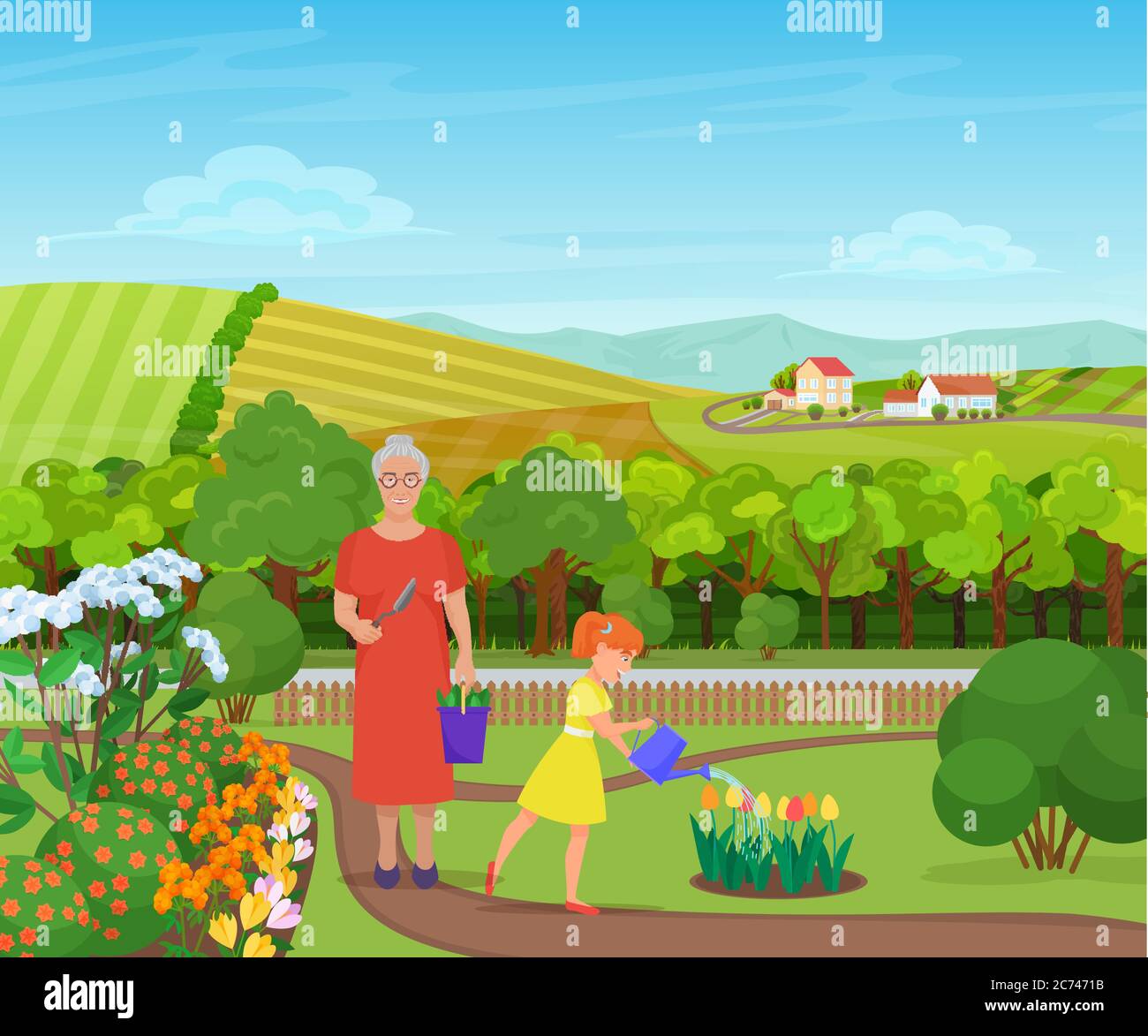 Granddaughter watering and taking care of flowers with grandmother in beautiful village in mountains Stock Vector