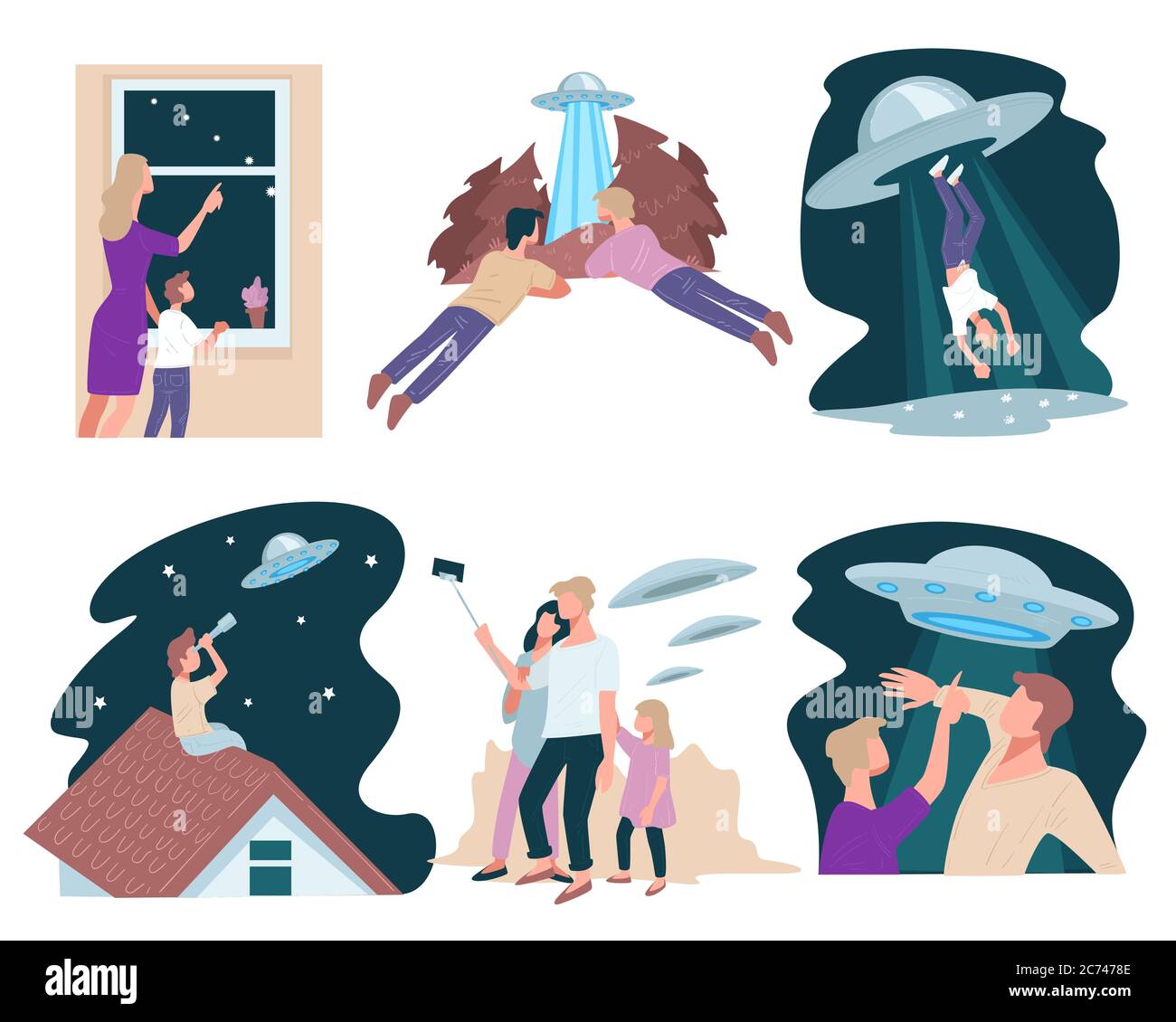 Extraterrestrial guests, people kidnapped by ufo, cosmos tourist Stock Vector