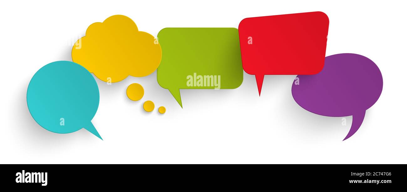 illustration of five colored speech bubbles with shadow looking like ...