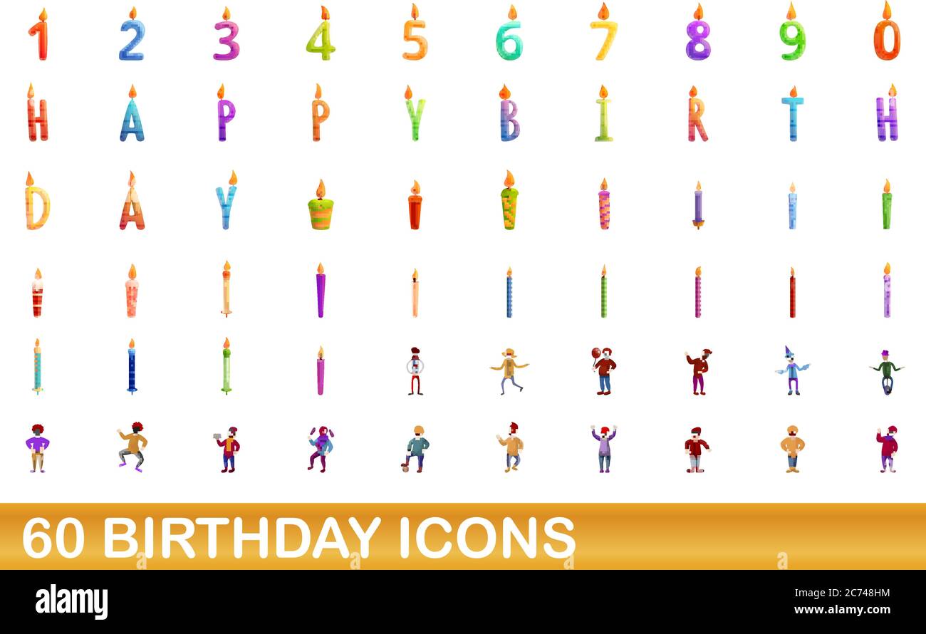 60 birthday icons set. Cartoon illustration of 60 birthday icons vector set isolated on white background Stock Vector