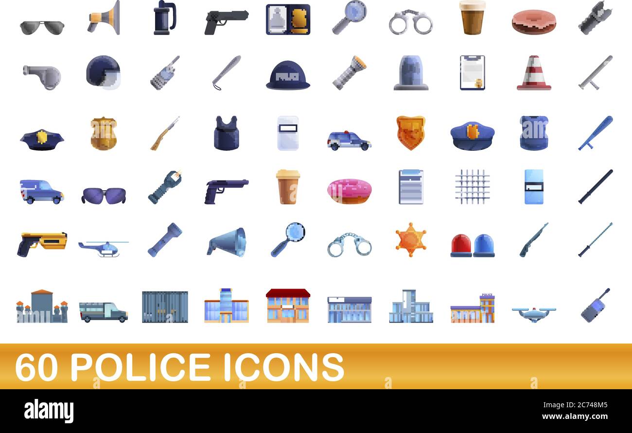 60 police icons set. Cartoon illustration of 60 police icons vector set isolated on white background Stock Vector