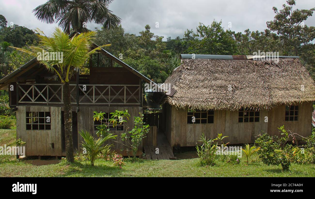 Wooden house in Puerto Narino at Amazonas river in Colombia Stock Photo