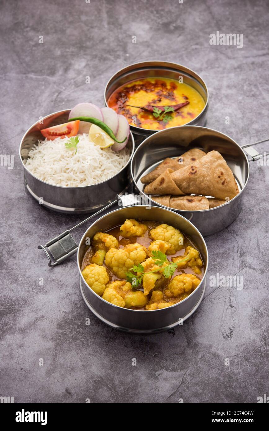 Indian vegetarian Lunch Box or Tiffin made up of stainless steel for