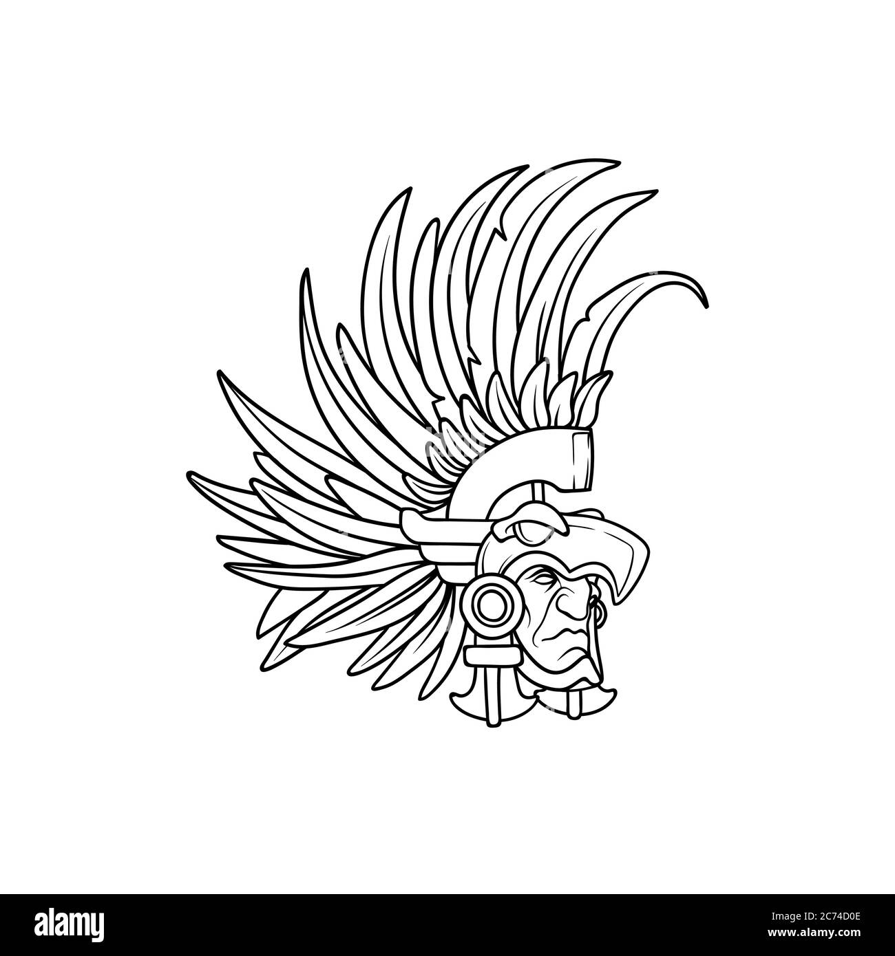 Amazing outline of an aztec elite warrior wearing an eagle helmet with feathers Stock Vector