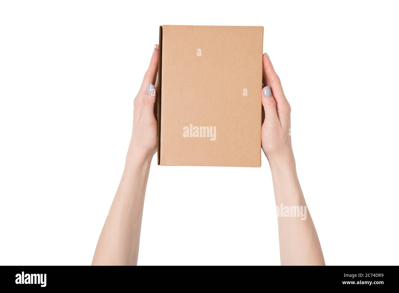 Rectangular box in female hands. Top view. Isolate Stock Photo