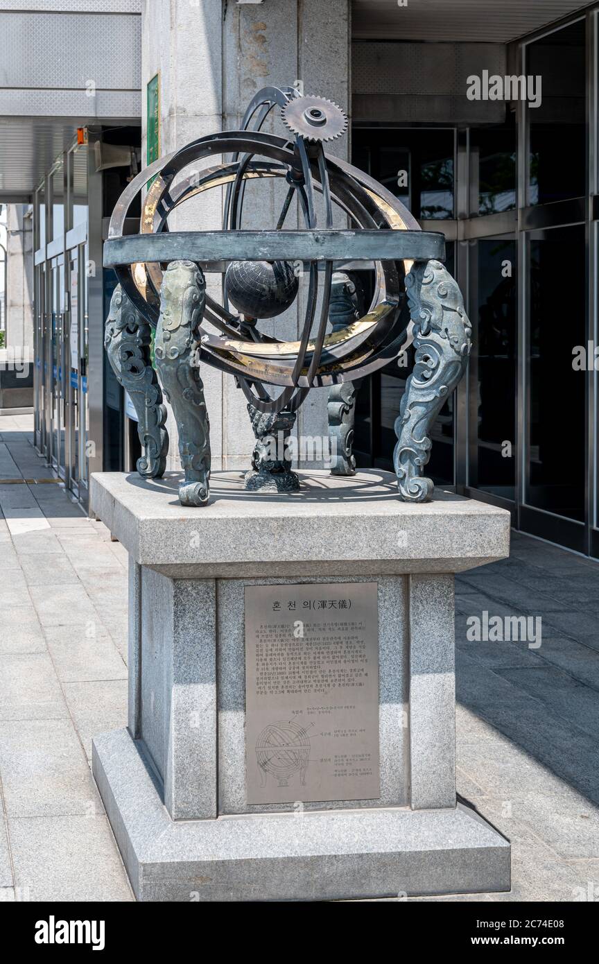 Armillary sphere in Seoul, South Korea - July 2020 : Armillary Sphere(Honcheonui) model is located in Namsan Park. Stock Photo