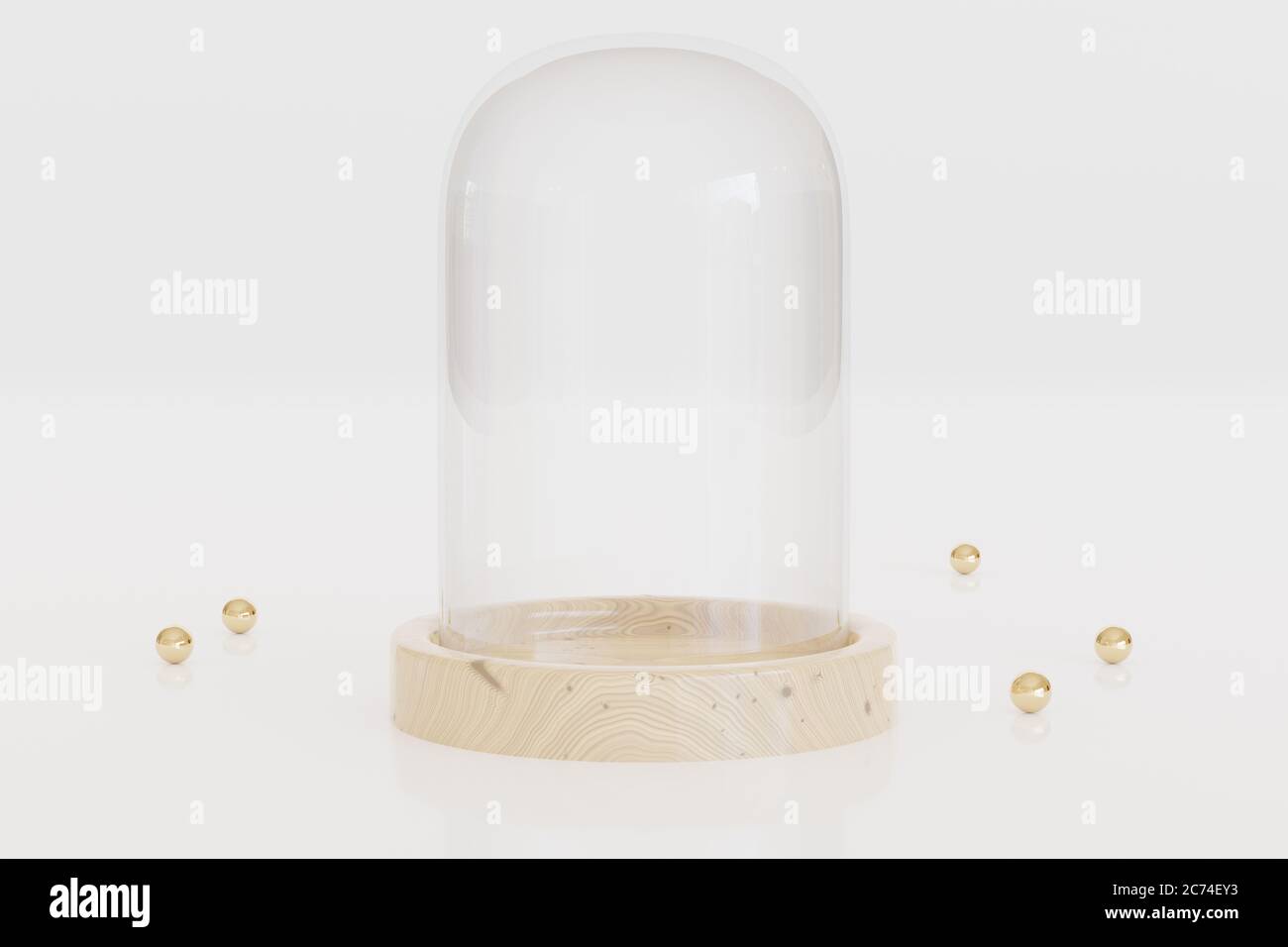 Empty glass dome with wooden tray on white background with golden beads ...
