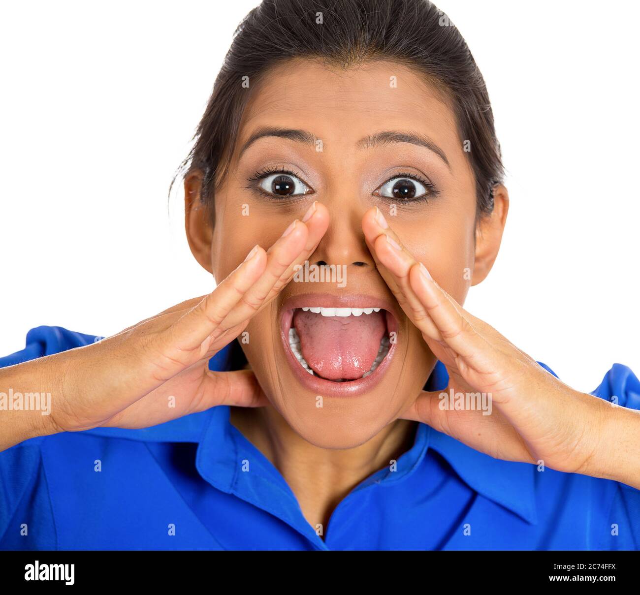 Portrait of a displeased angry, cranky, grumpy, woman screaming isolated on white background. Stock Photo