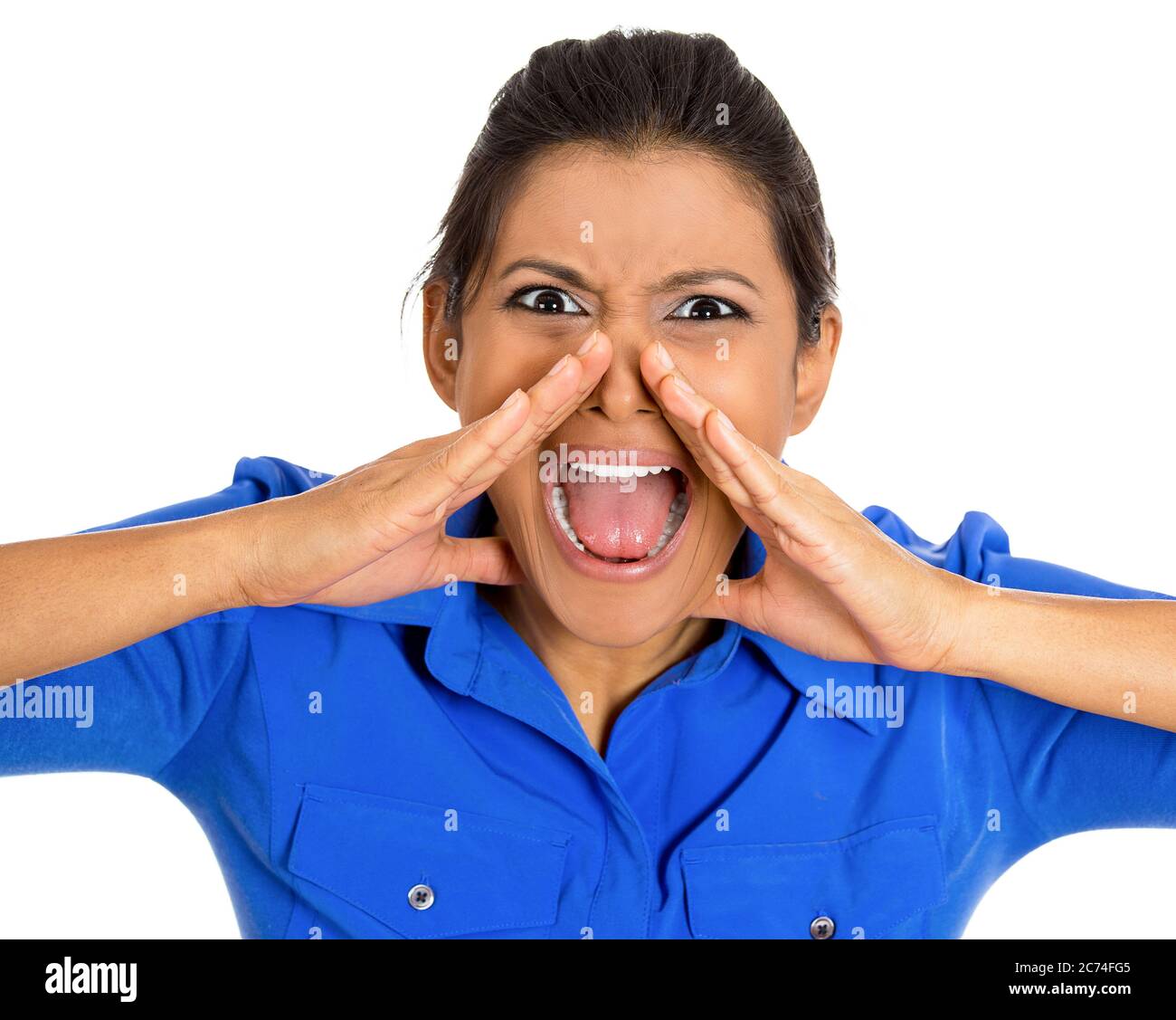 Portrait of a displeased angry, cranky, grumpy, woman screaming isolated on white background. Stock Photo