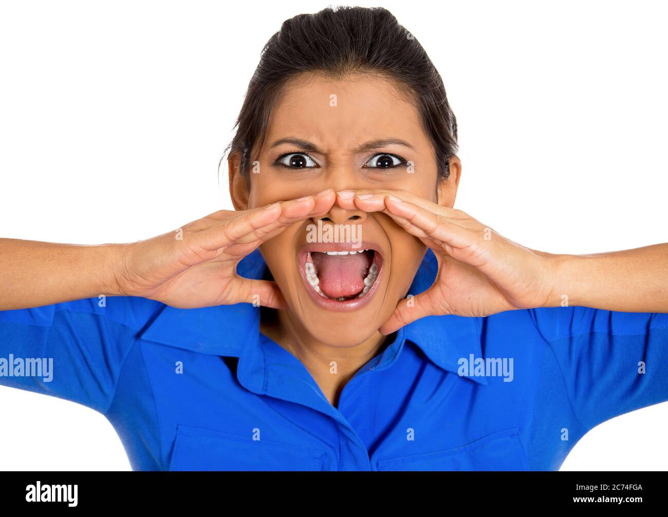 Portrait of a displeased angry, cranky, grumpy, woman screaming isolated on white background. Stock Photo