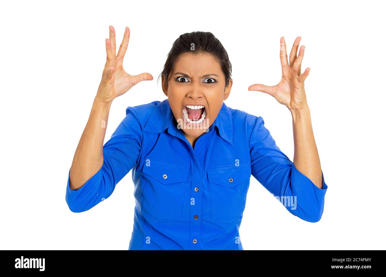 Portrait of a displeased angry, cranky, grumpy, woman screaming isolated on white background. Stock Photo