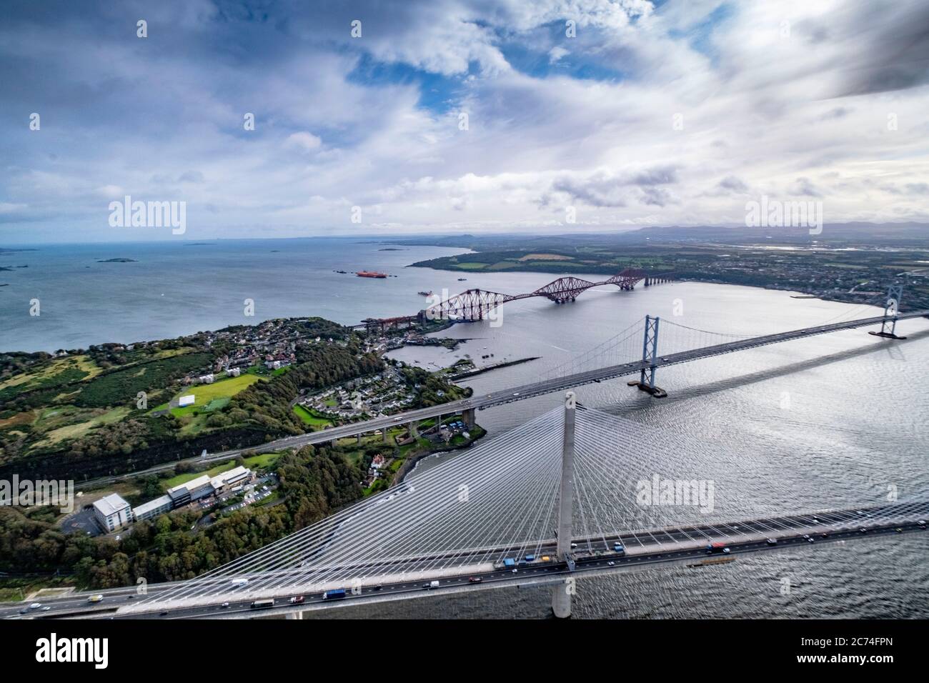 All 3 Forth bridges in one shot, Forth Bridge, Forth Road Bridge and Queensferry Crossing Stock Photo