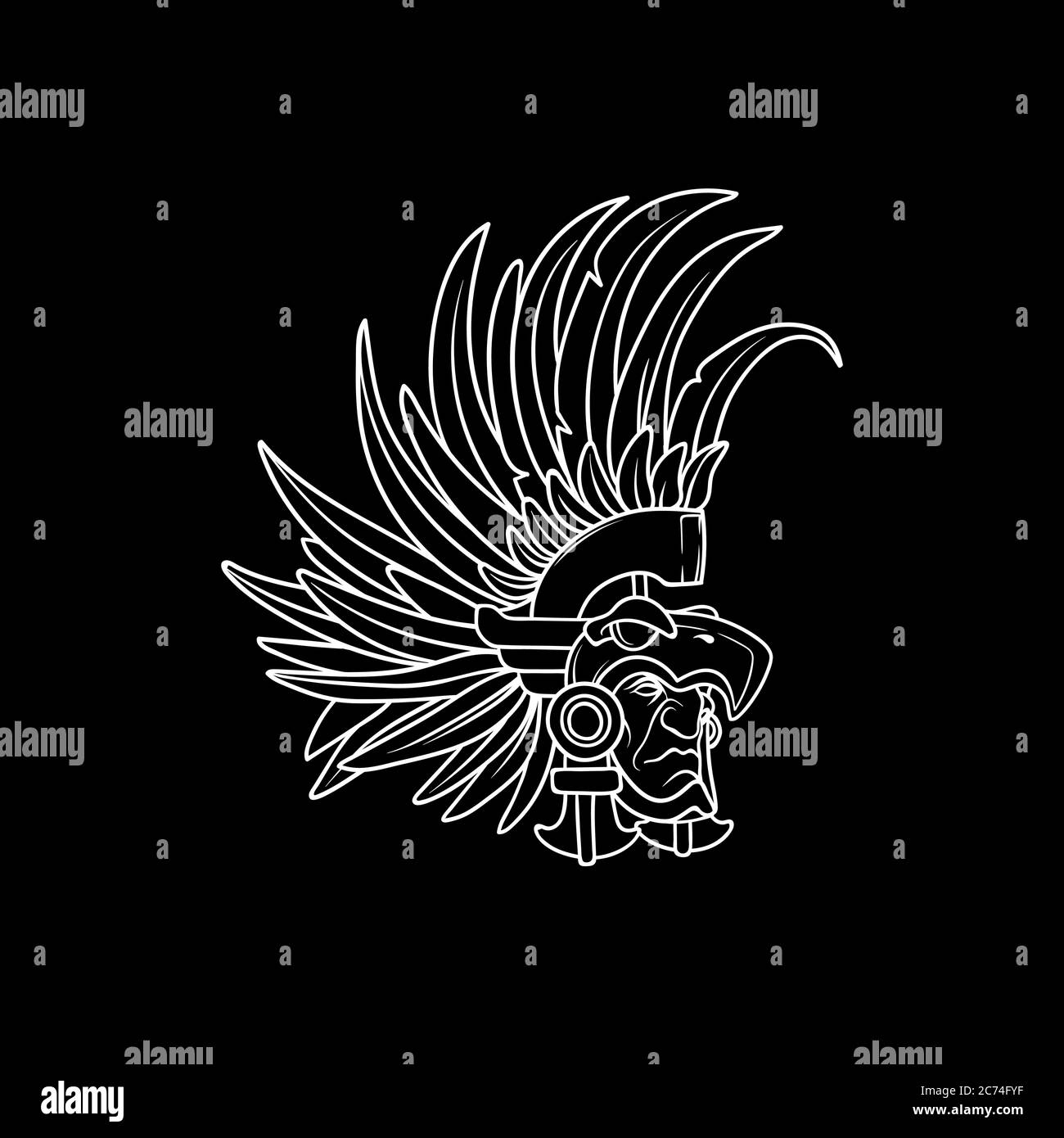 White outline on black background, aztec warrior wearing traditional helmet Stock Vector