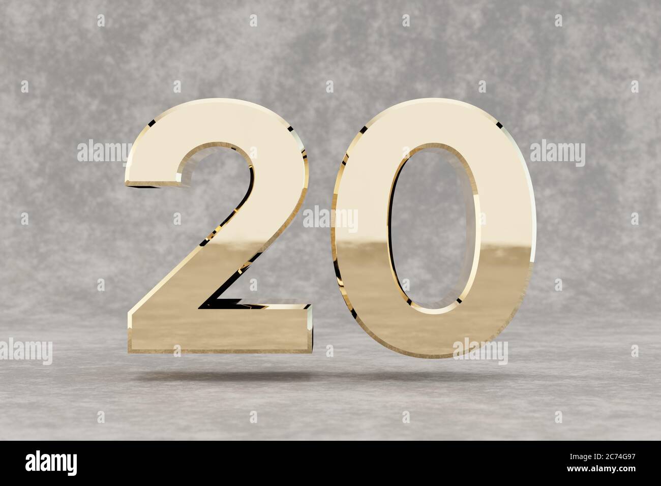 Gold 3d number 20. Glossy golden number on concrete background. Metallic digit with studio light reflections. 3d render. Stock Photo