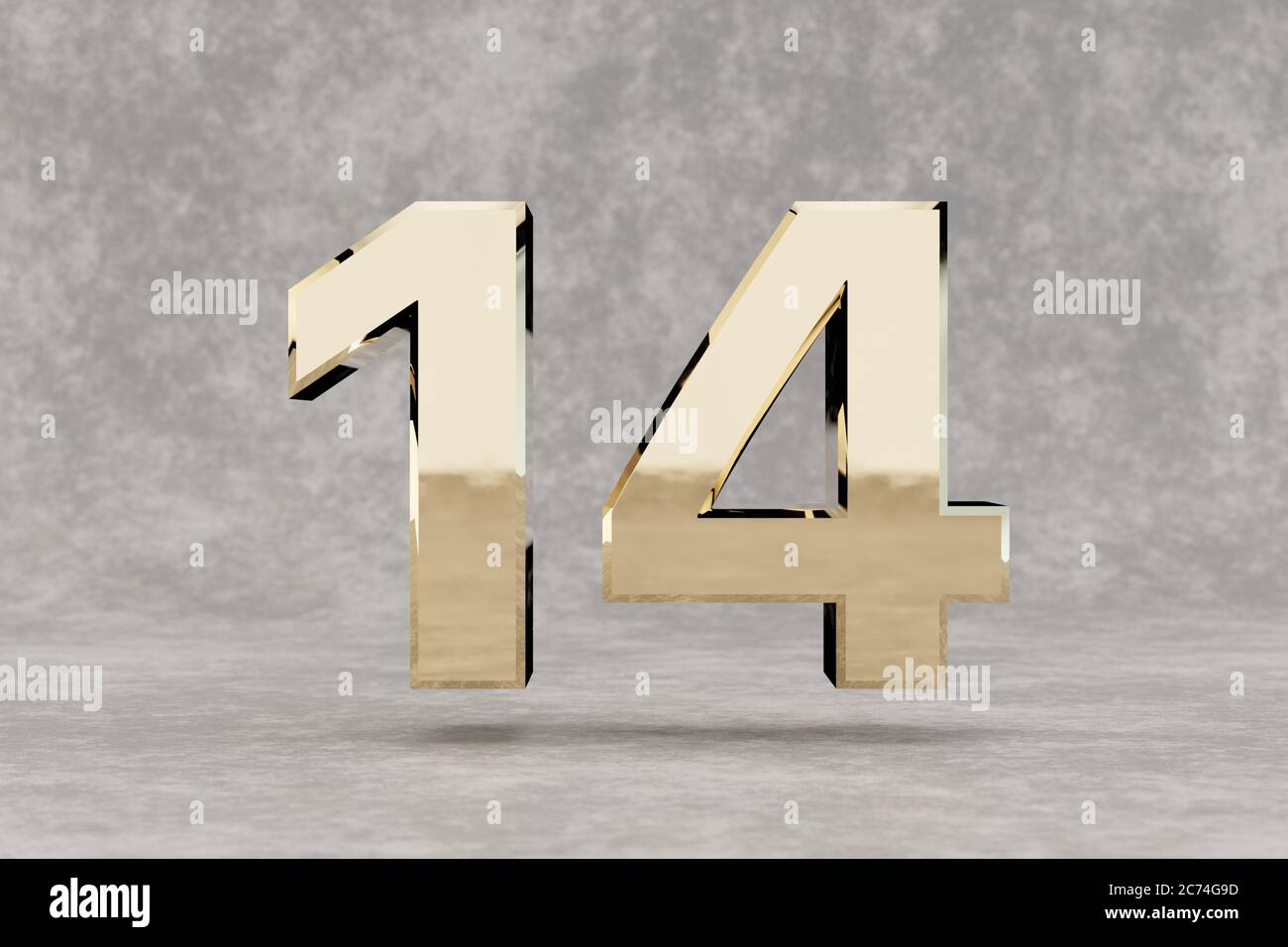 Gold 3d number 14. Glossy golden number on concrete background. Metallic digit with studio light reflections. 3d render. Stock Photo
