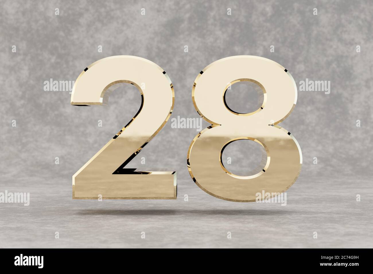 Gold 3d number 28. Glossy golden number on concrete background. Metallic digit with studio light reflections. 3d render. Stock Photo
