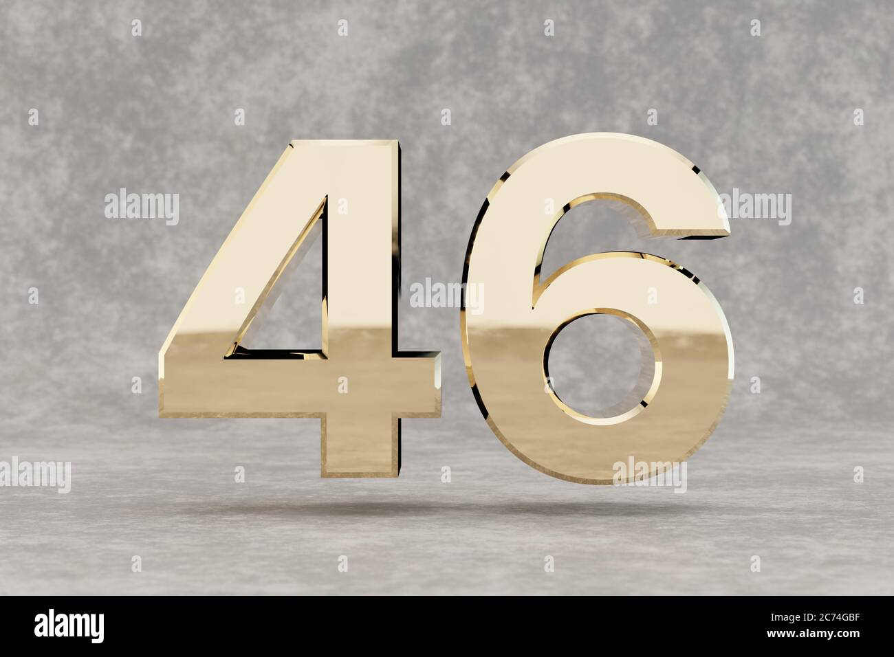 Gold 3d number 46. Glossy golden number on concrete background. Metallic digit with studio light reflections. 3d render. Stock Photo