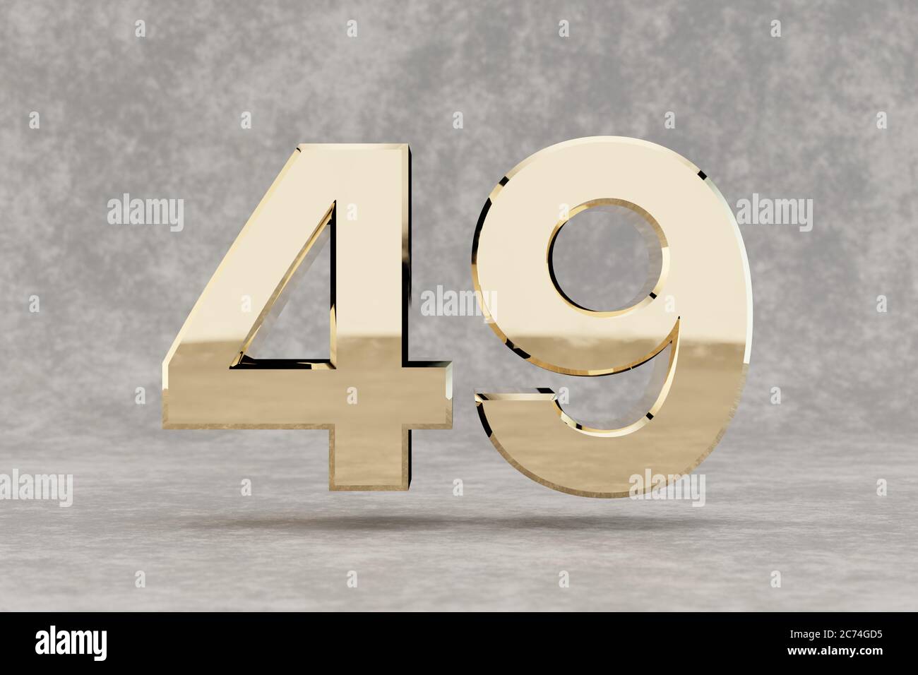 Gold 3d number 49. Glossy golden number on concrete background. Metallic digit with studio light reflections. 3d render. Stock Photo