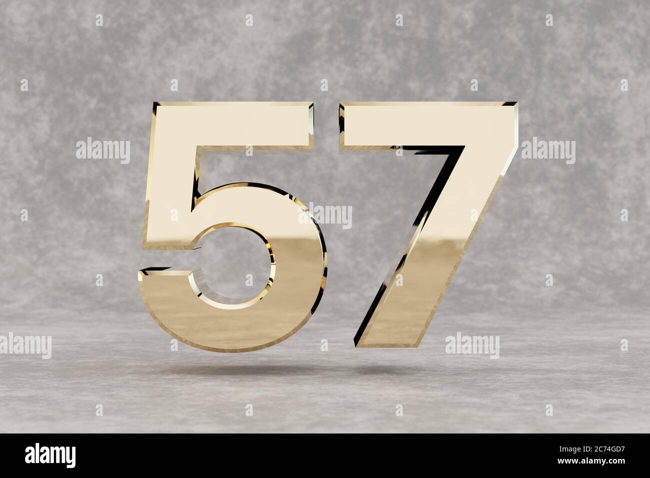 Gold 3d number 57. Glossy golden number on concrete background