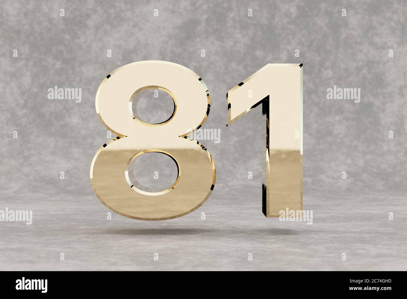 Gold 3d number 81. Glossy golden number on concrete background. Metallic digit with studio light reflections. 3d render. Stock Photo