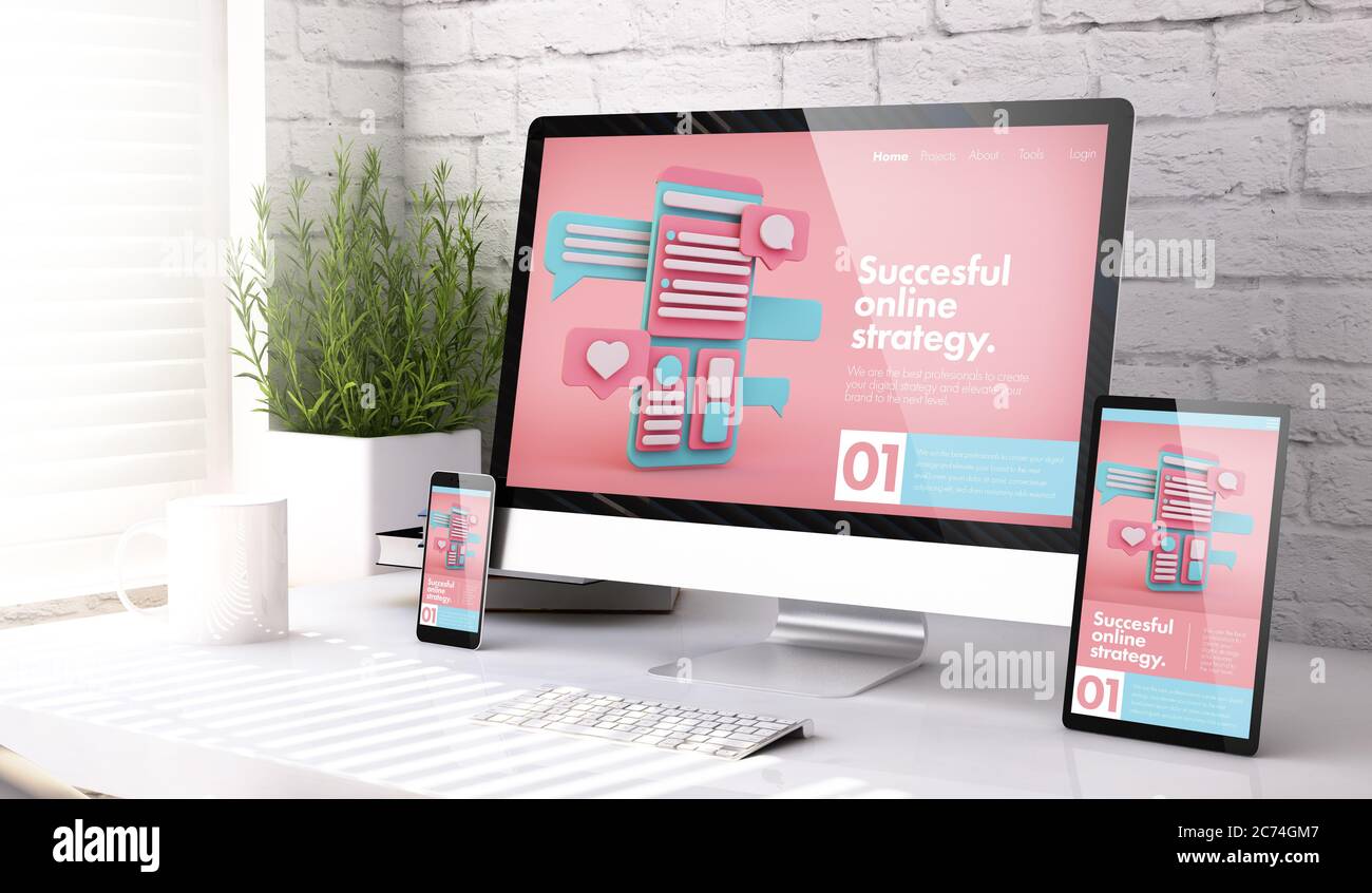 three mockup devices showing online marketing website on a desktop 3d rendering Stock Photo