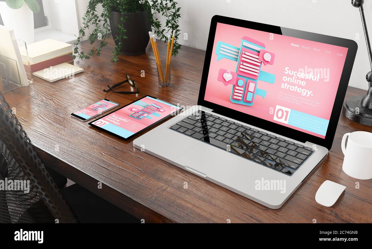devices online marketing agency on wooden desktop 3d rendering Stock Photo
