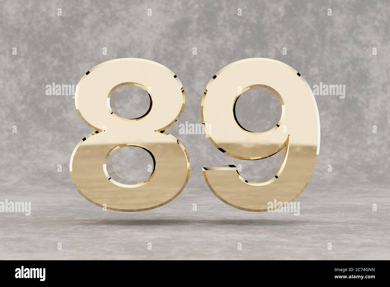 Gold 3d number 89. Glossy golden number on concrete background. Metallic digit with studio light reflections. 3d render. Stock Photo
