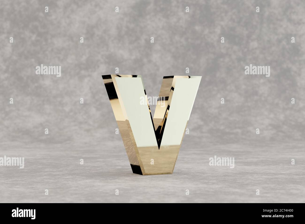 Gold 3d letter V lowercase. Glossy golden letter on concrete background ...