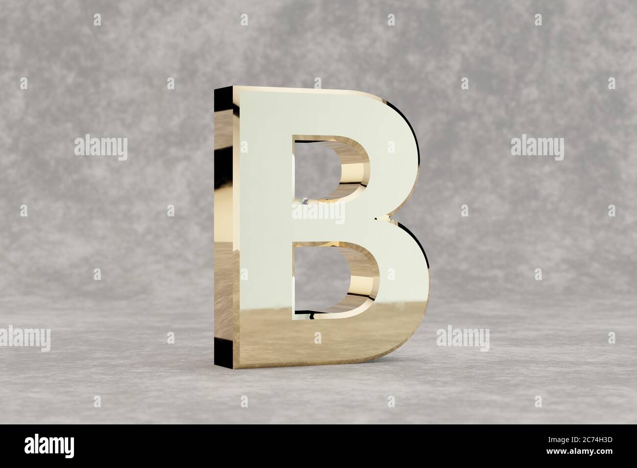 Gold 3d letter B uppercase. Glossy golden letter on concrete background ...
