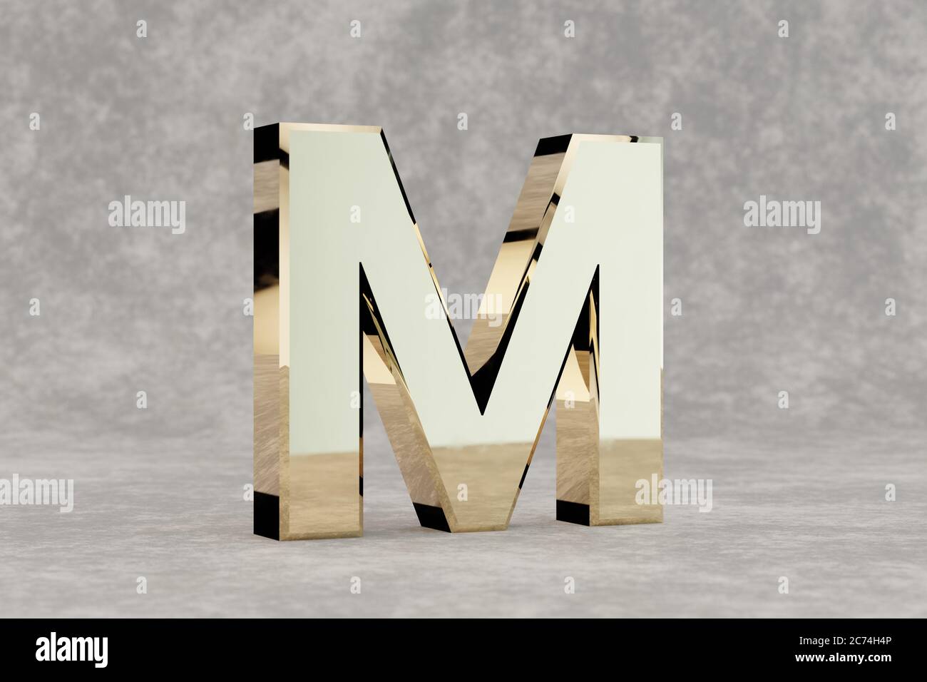 Gold 3d letter M uppercase. Glossy golden letter on concrete background ...