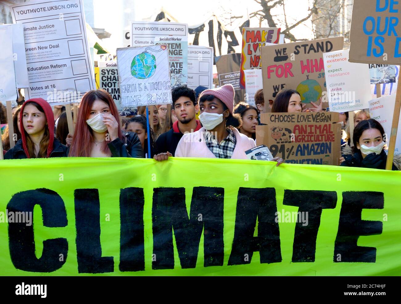 Fridays for Future climate strikers demonstrate in Westminster against climate change. London, UK. 29th November 2019. Stock Photo