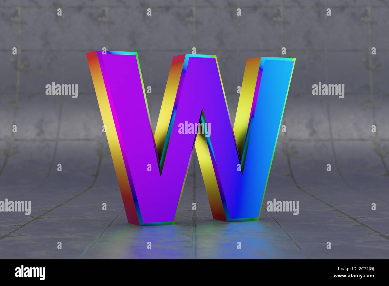 Multicolor 3d letter W uppercase. Glossy iridescent letter on tile ...