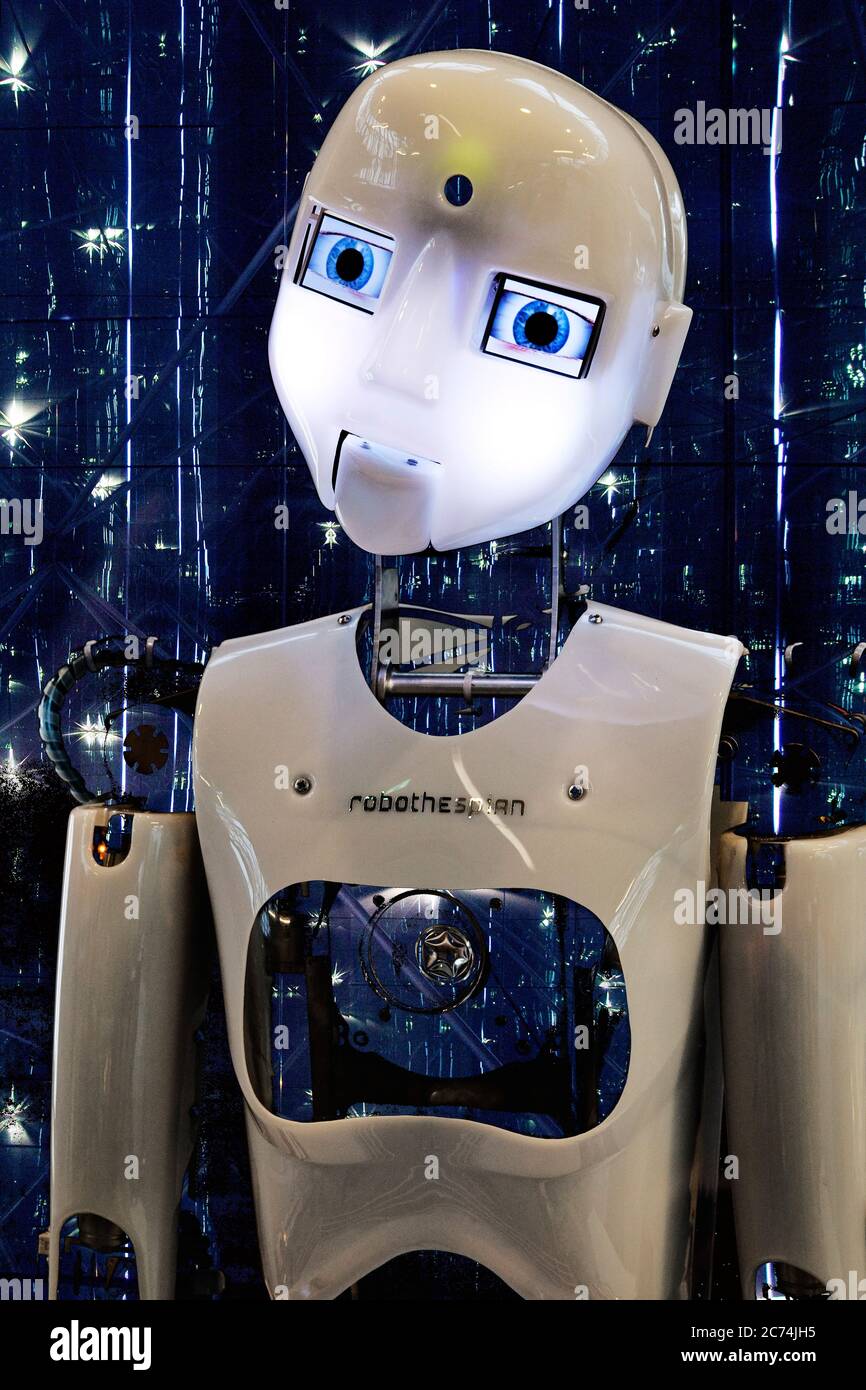 humanoid robot with outer space structures, composing, Germany Stock Photo