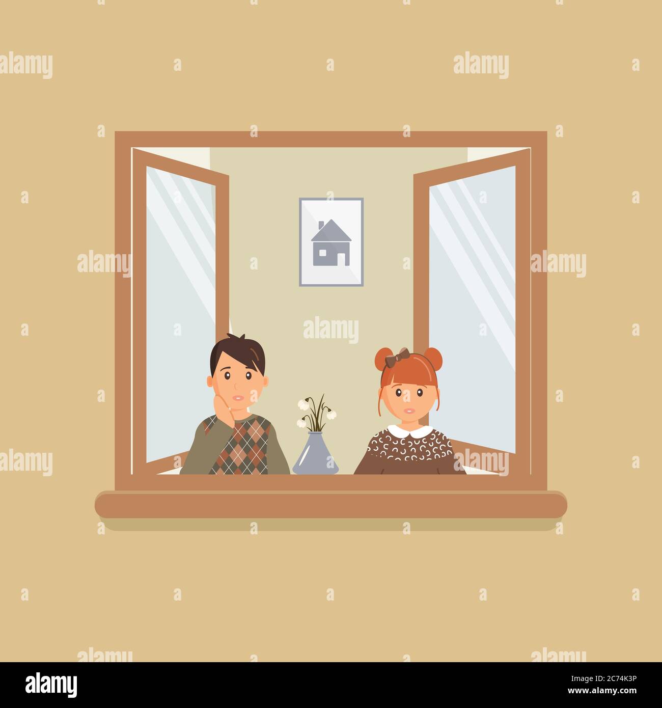 Children stay at home during the quarantine.  Kids look sadly out of an open window during a virus epidemic Stock Vector