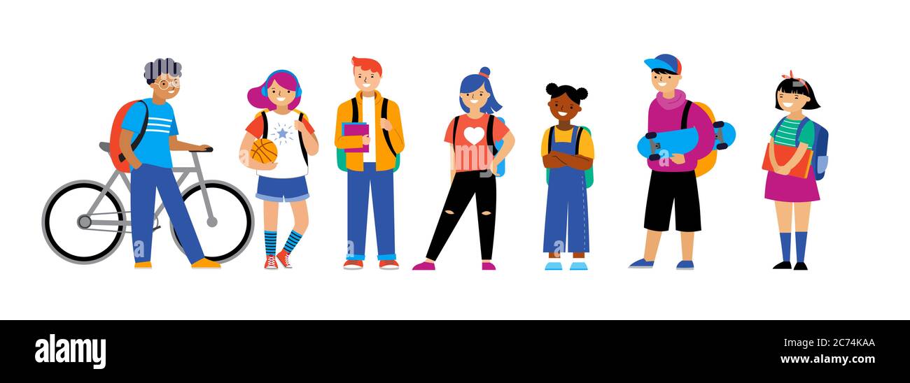 Back to school background, diversity concept for children - schoolboys and schoolgirls of different ethnicities standing together Stock Vector