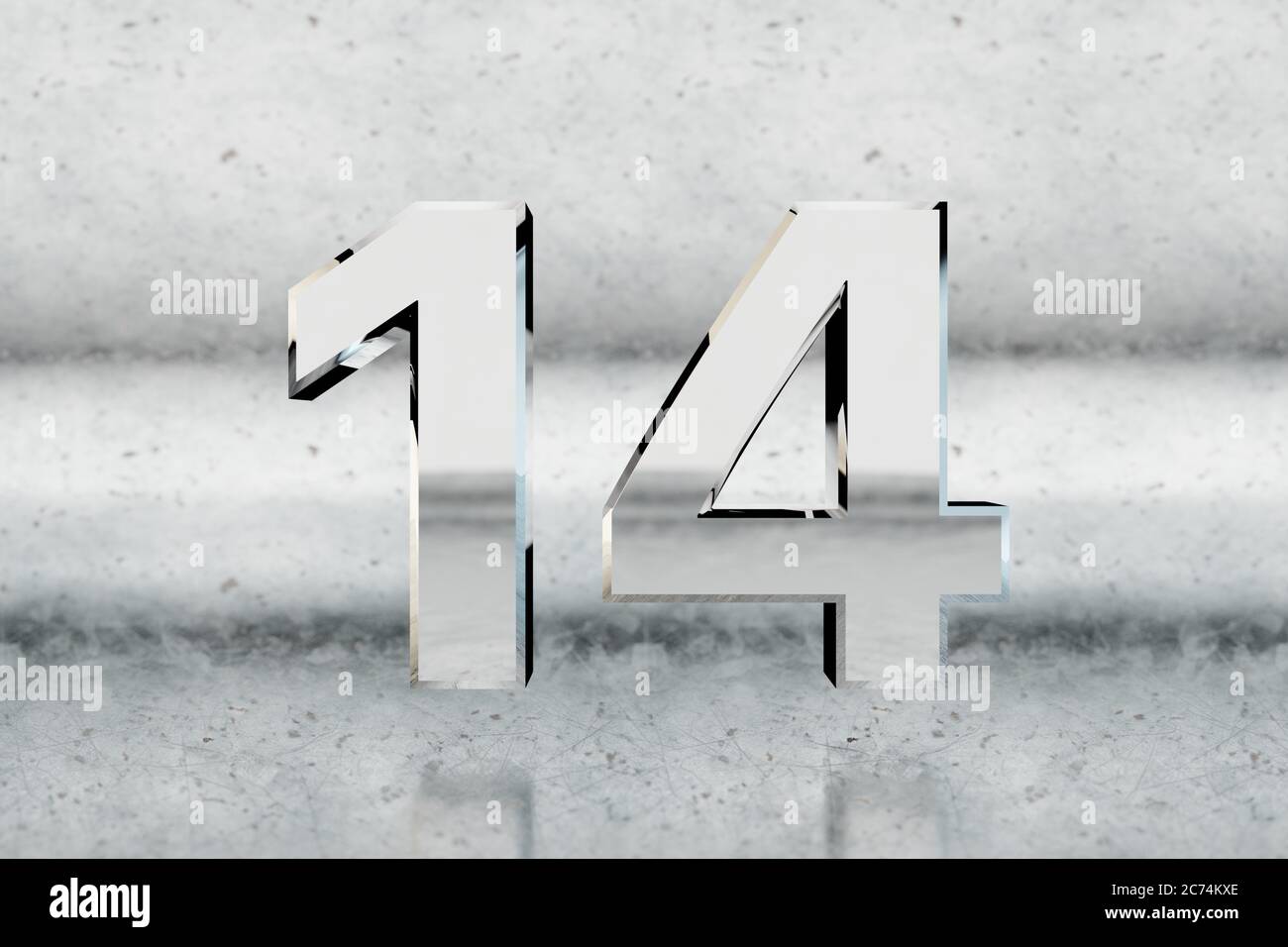 Chrome 3d number 14. Glossy chrome number on scratched metal background. Metallic digit with studio light reflections. 3d render. Stock Photo