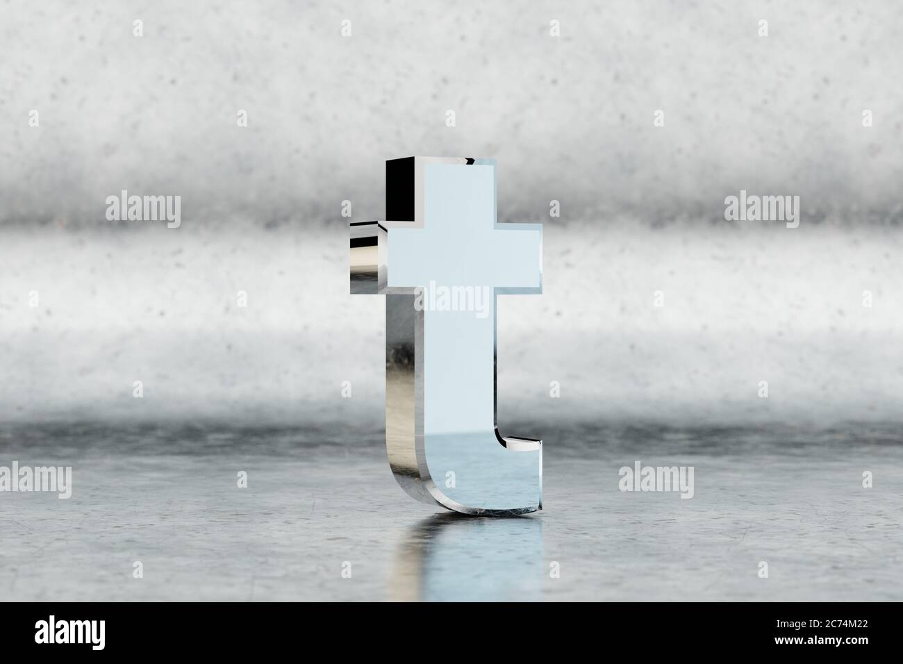 Chrome 3d letter T lowercase. Glossy chrome letter on scratched metal background. Metallic alphabet with studio light reflections. 3d rendered font character. Stock Photo