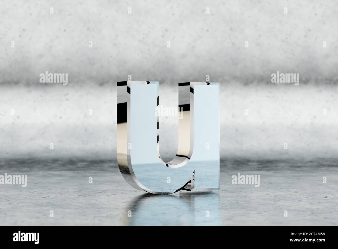 Chrome 3d letter U lowercase. Glossy chrome letter on scratched metal ...