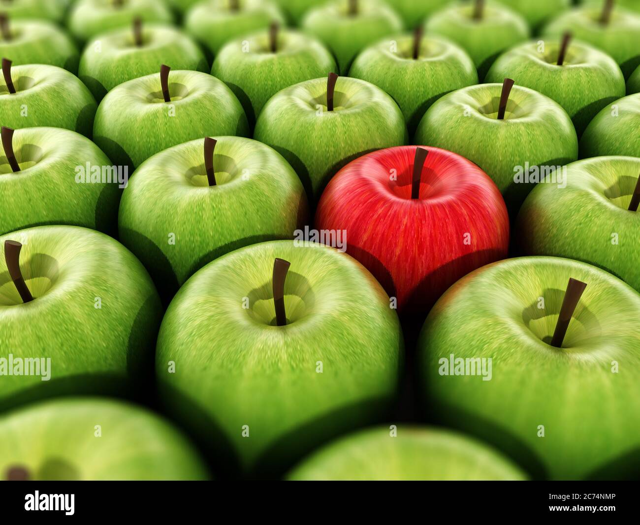 Red apple standing out from green apples. 3D illustration. Stock Photo