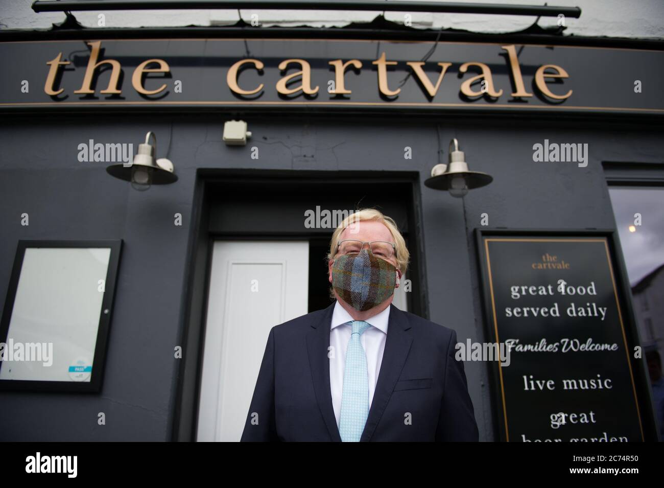 Glasgow, Scotland, UK. 14th July, 2020. Pictured: Jackson Carlaw MSP - Leader of the Scottish Conservative and Unionist Party. Jackson Carlaw visits a restaurant in Clarkston tomorrow ahead of the full reopening of the hospitality industry in Scotland, as he urges Scots to shop, drink and eat local. Credit: Colin Fisher/Alamy Live News Stock Photo