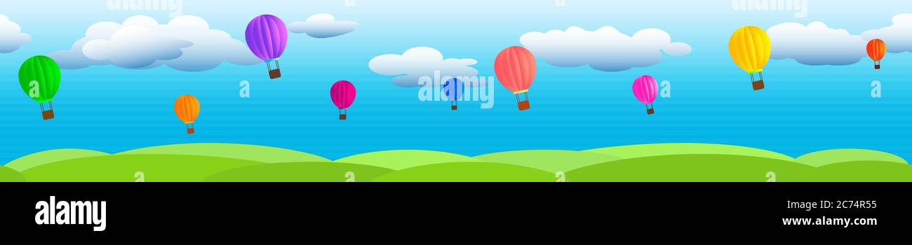 Clouds on a blue sky with flying balloons and green grass. Stock Vector
