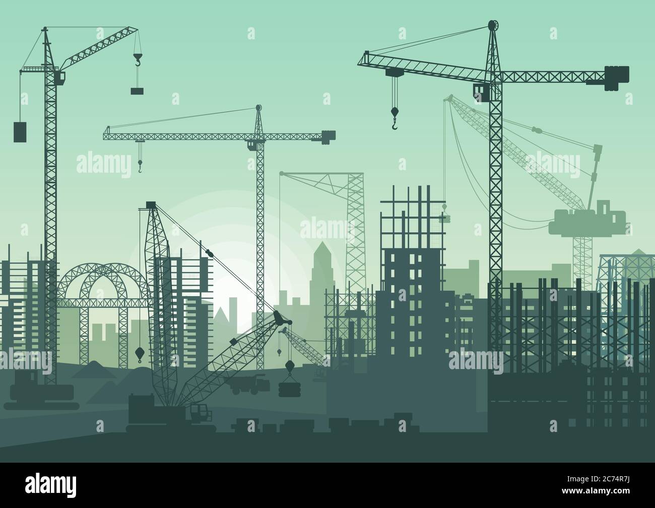 Tower cranes on construction site. Buildings under construction Stock Vector