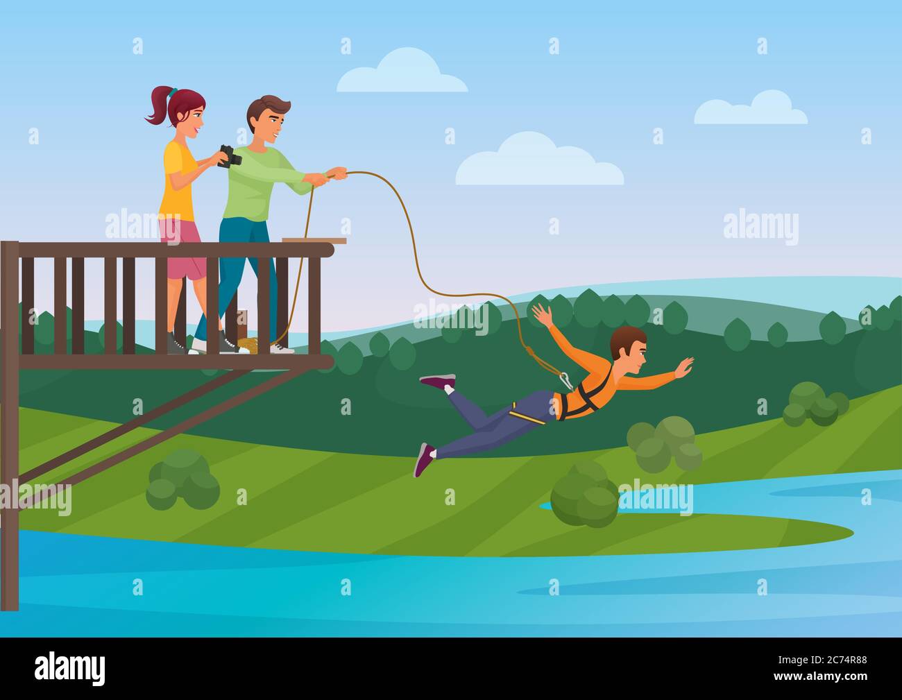 Woman doing bungee jumping with the friends vector illustration. Bungee jumper. Extreme sport Stock Vector