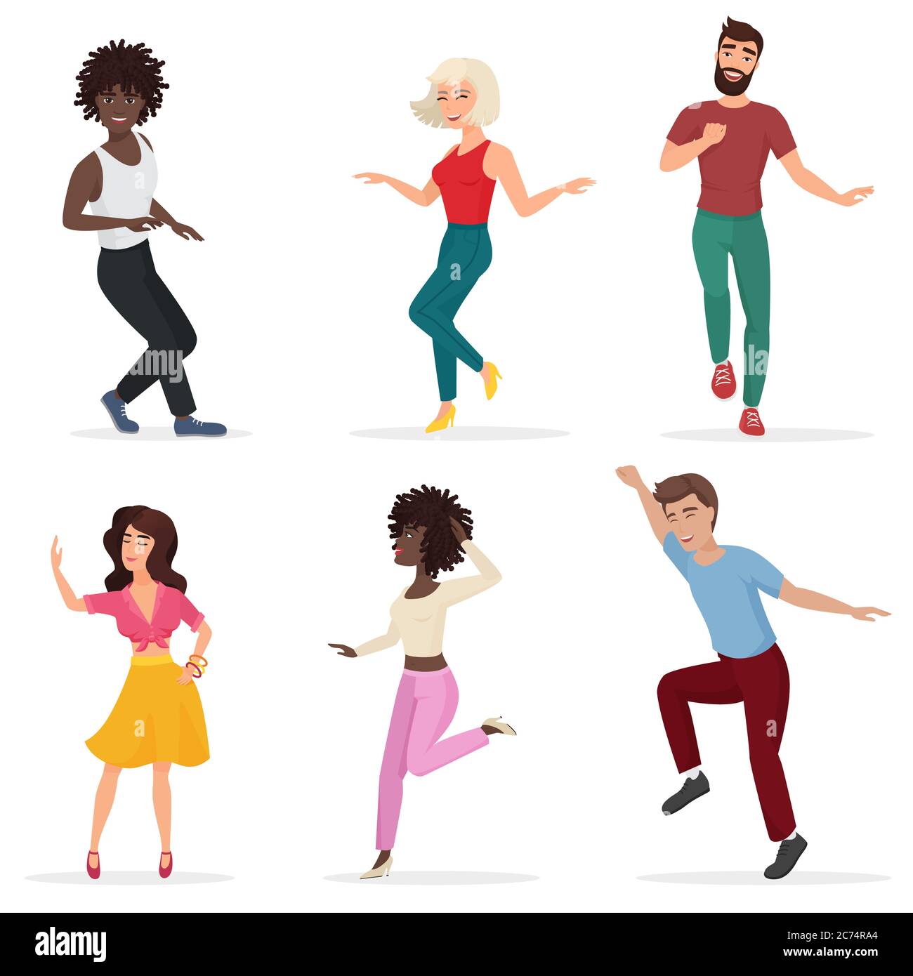 Dancing young people. Happy multi ethic men and women move to the music. Vector cartoon flat illustration Stock Vector