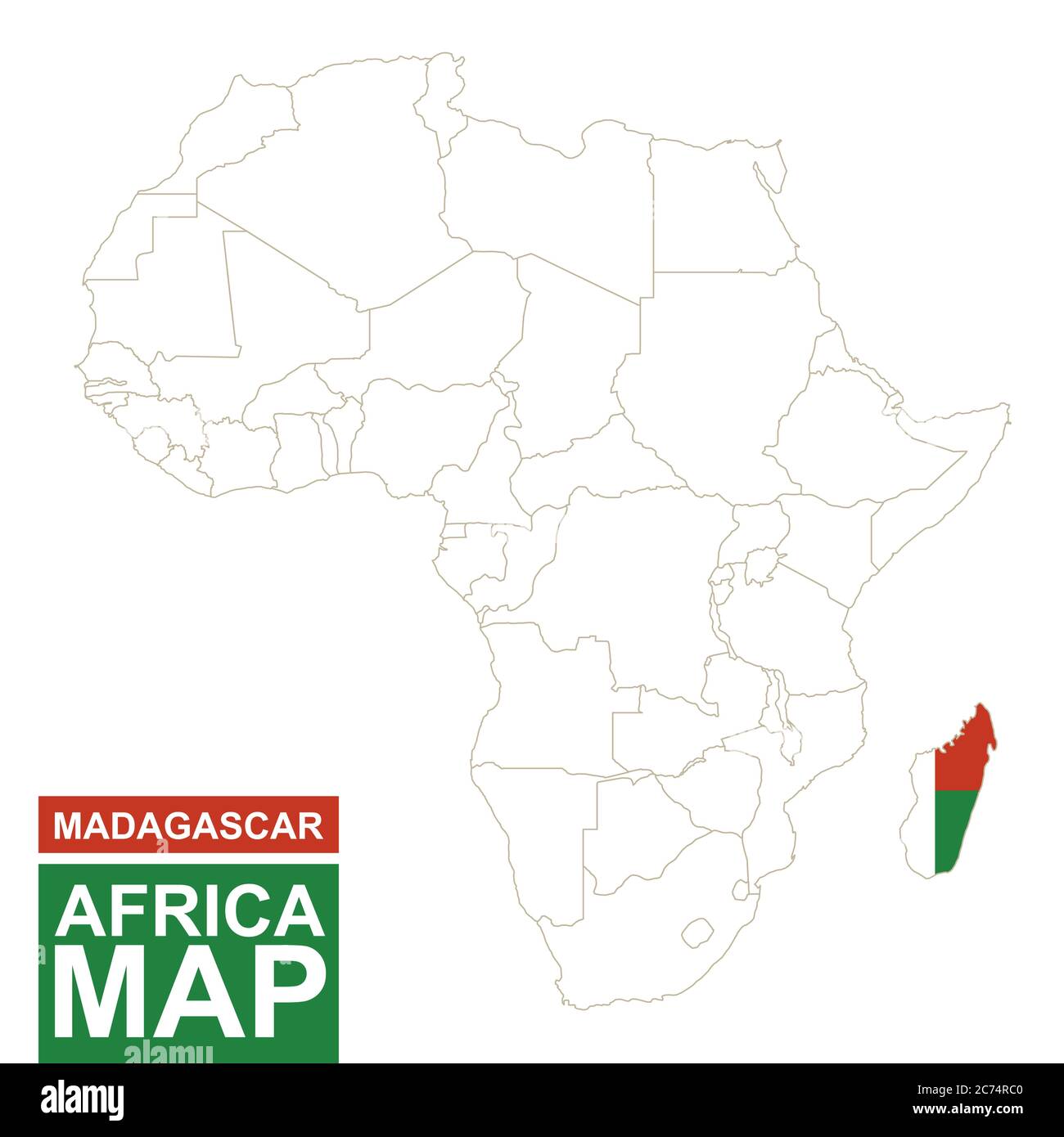 Africa contoured map with highlighted Madagascar. Madagascar map and