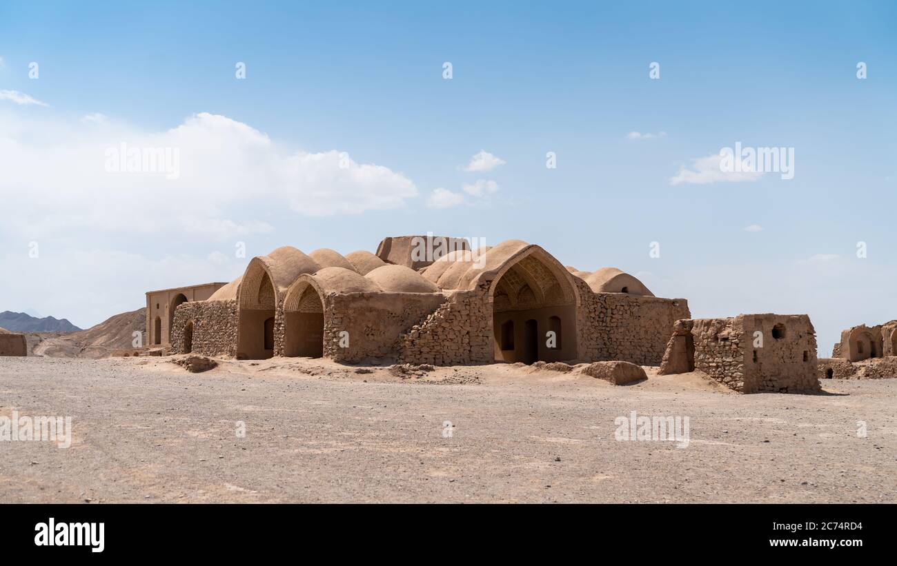 Yazd, Iran - May 2019: Ruins of Zoroastrians Dakhmeh Towers of Silence in Yazd city Stock Photo