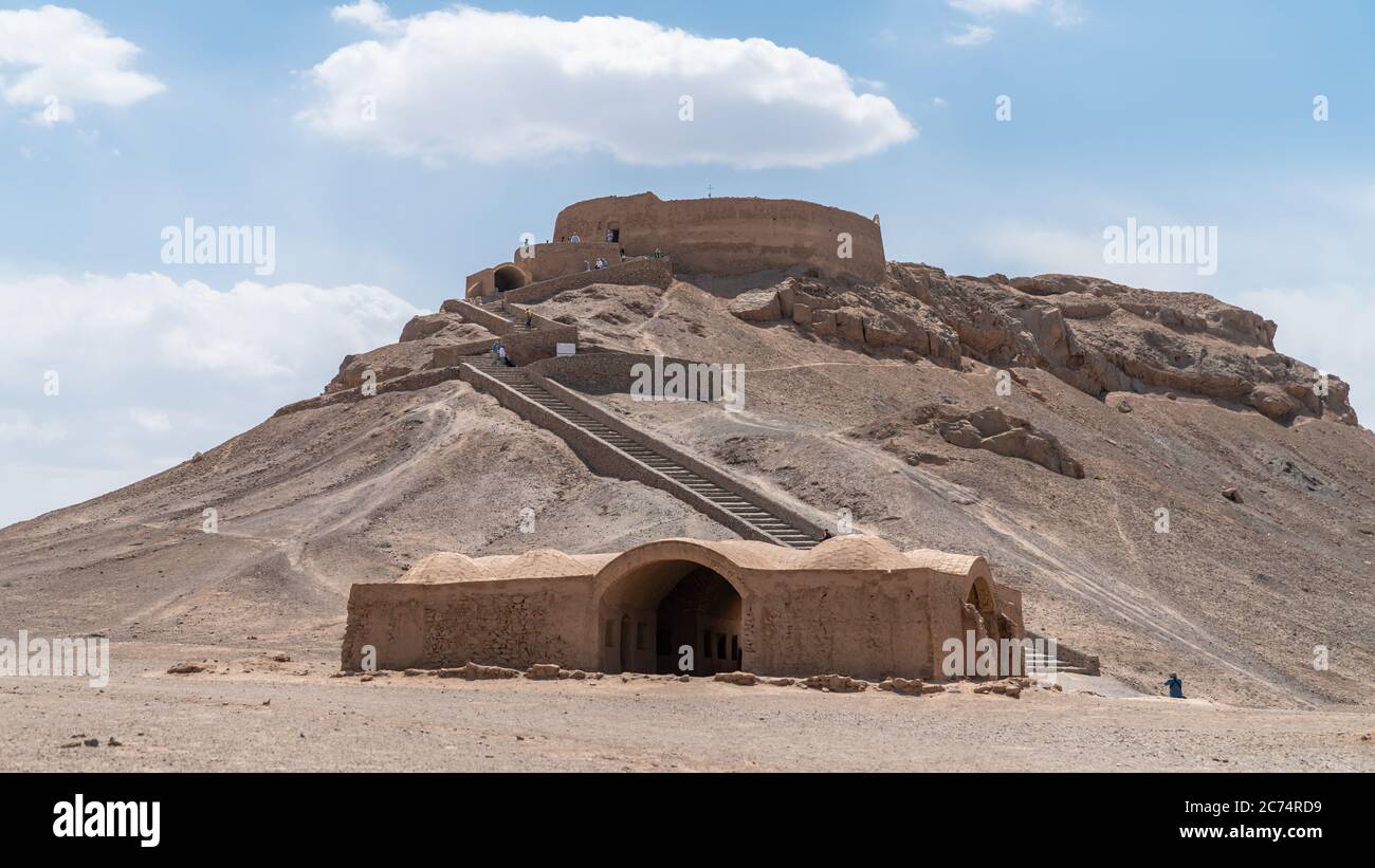 Yazd, Iran - May 2019: Ruins of Zoroastrians Dakhmeh Towers of Silence in Yazd city Stock Photo